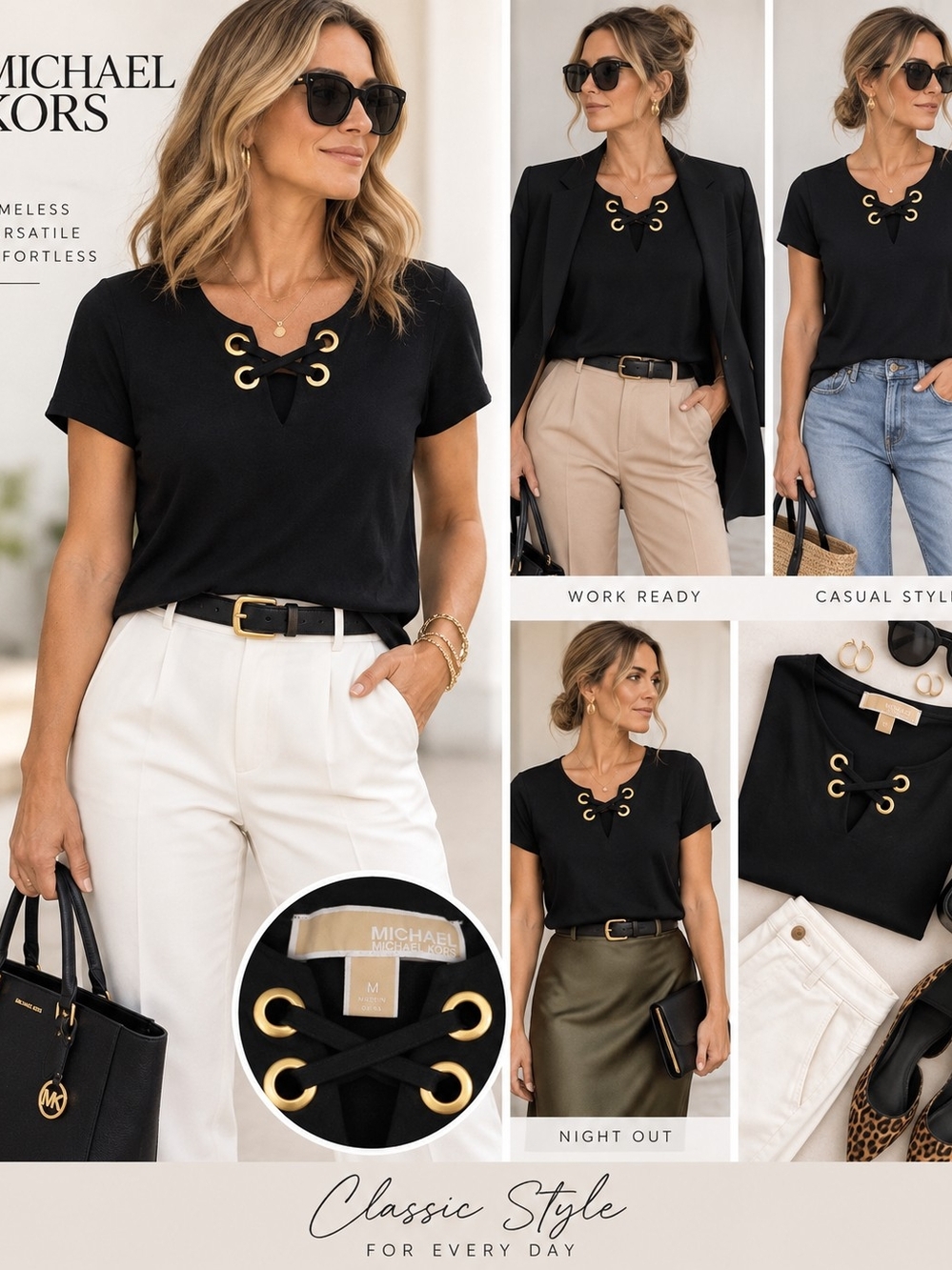 Michael Kors Black Lace-Up Grommet Top – Size M